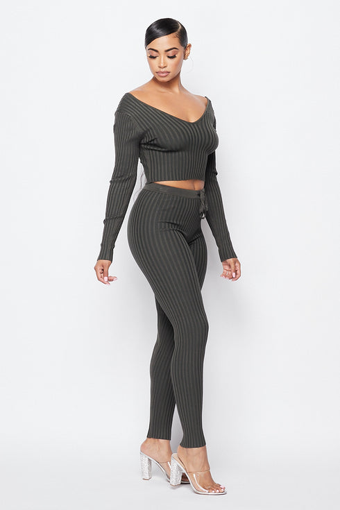 2 Piece Rib Knit Legging Set With V Neck Crop Top - Olive - SohoGirl.com